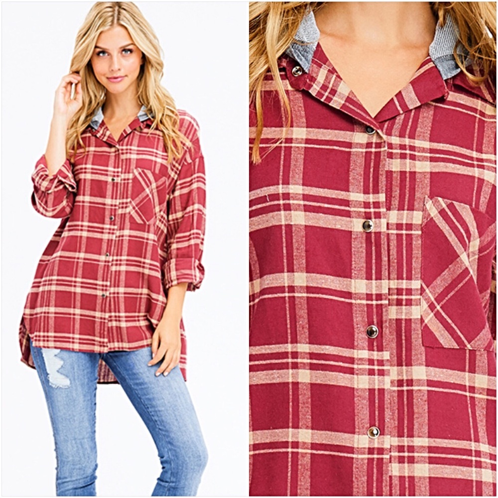 Relaxed Cozy Fit Plaid Tunic Top Hoodie SMLXL - Picture 2 of 6